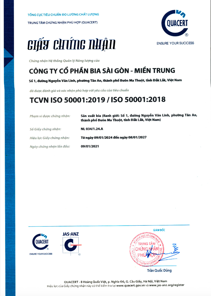 Chứng nhận ISO 50001:2018 - Nước Giải Khát Bia Sài Gòn - Miền Trung - Công Ty CP Bia Sài Gòn - Miền Trung